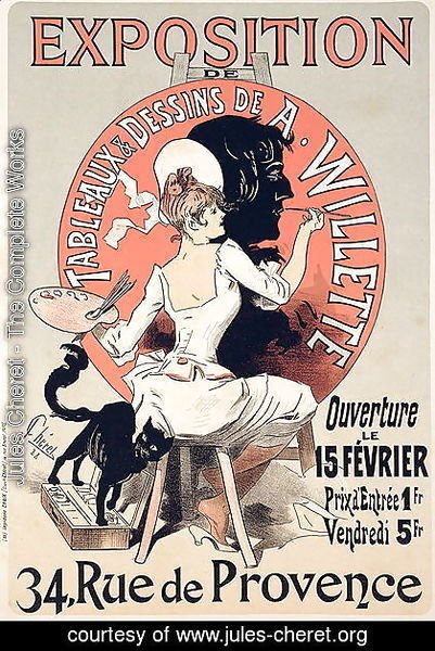 Reproduction of a poster advertising an 'Exhibition of the Paintings and Drawings of A. Willette (1857-1926), Rue de Provence, 1888