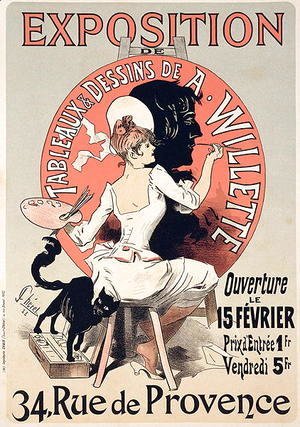 Jules Cheret - Reproduction of a poster advertising an 'Exhibition of the Paintings and Drawings of A. Willette (1857-1926), Rue de Provence, 1888