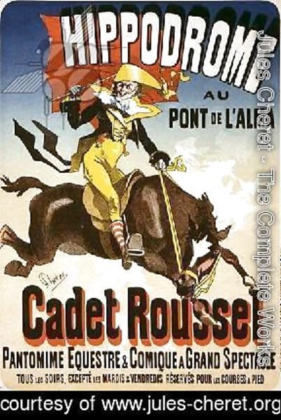 Reproduction of a poster advertising 'Cadet Roussel', an equestrian spectacle at the Hippodrome, 1882