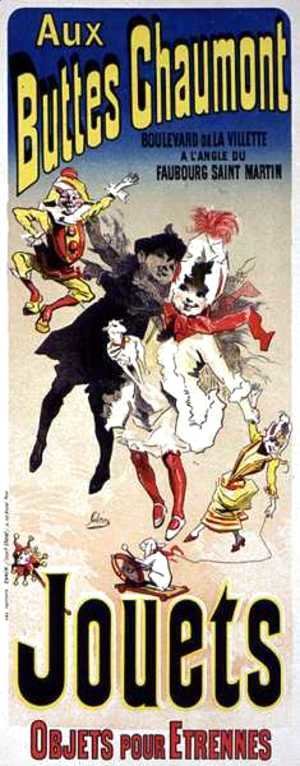 Reproduction of a poster advertising the toyshop 'Aux Buttes Chaumont'