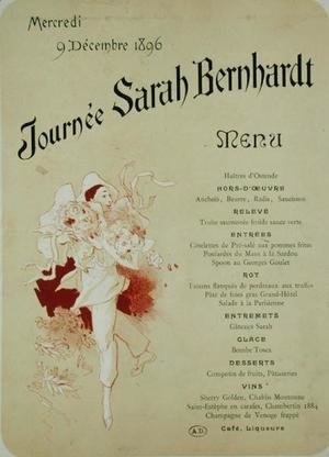 Mercredi 9 decembre 1896, Journee Sarah Bernhardt, Menu Card, 1896
